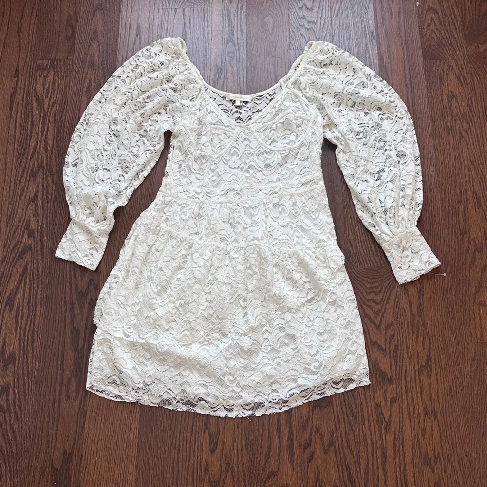 LoveShackFancy Ivory Floral Lace Tiered Mini Dress Puff Sleeve Size 8 RN140873